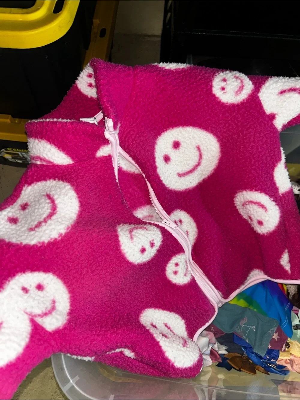 Old Navy Hot Pink Sherpa Zip Pullover with White Smiley Faces